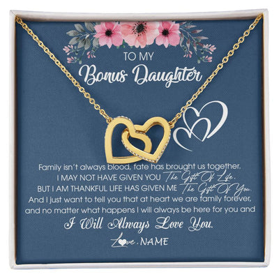 Interlocking Hearts Necklace 18K Yellow Gold Finish | Personalized To My Bonus Daughter Necklace From Stepmother Stepfather I Will Always Love You Stepdaughter Jewelry Birthday Christmas Customized Message Card | teecentury