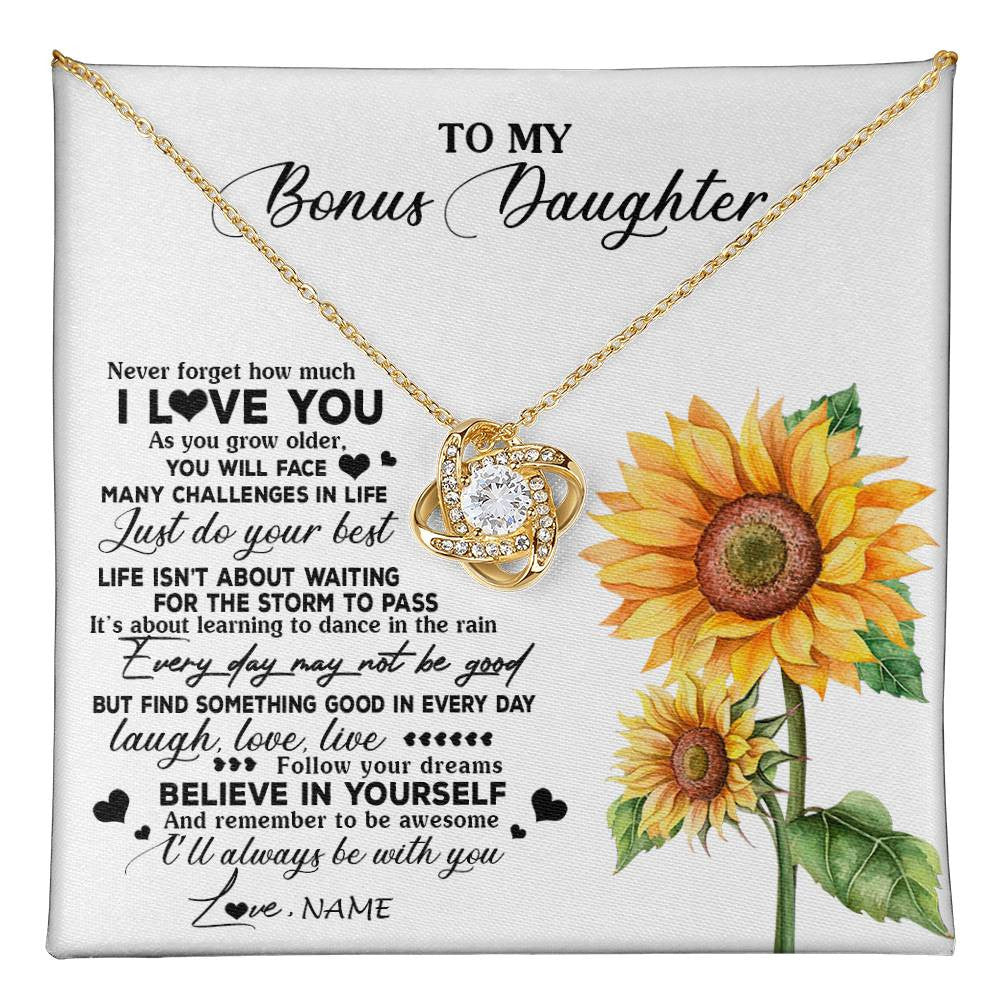 Love Knot Necklace 18K Yellow Gold Finish | 1 | Personalized To My Bonus Daughter Necklace From Stepmother Sunflower Wood Laugh Love Live Stepdaughter Birthday Christmas Customized Gift Box Message Card | teecentury