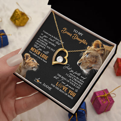 Forever Love Necklace 18K Yellow Gold Finish | 2 | Personalized To My Bonus Daughter Necklace From Stepmother You Will Never Lose Lion Stepdaughter Birthday Gifts Graduation Christmas Gift Box Message Card | teecentury
