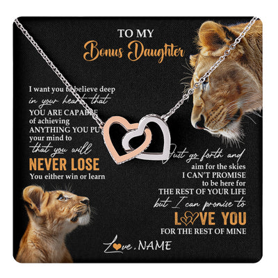 Interlocking Hearts Necklace Stainless Steel & Rose Gold Finish | 1 | Personalized To My Bonus Daughter Necklace From Stepmother You Will Never Lose Lion Stepdaughter Birthday Gifts Graduation Christmas Gift Box Message Card | teecentury