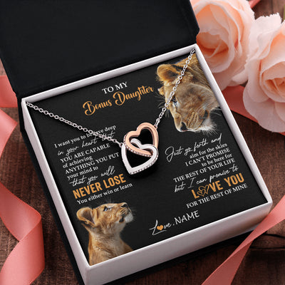 Interlocking Hearts Necklace Stainless Steel & Rose Gold Finish | 2 | Personalized To My Bonus Daughter Necklace From Stepmother You Will Never Lose Lion Stepdaughter Birthday Gifts Graduation Christmas Gift Box Message Card | teecentury