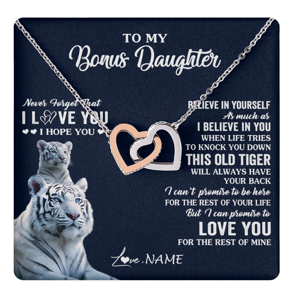 Interlocking Hearts Necklace Stainless Steel & Rose Gold Finish | 1 | Personalized To My Bonus Daughter Necklace Gift From Stepmom Stepdad This Old Tiger Love You Birthday Graduation Christmas Customized Gift Box Message Card | teecentury.myshopify