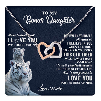 Interlocking Hearts Necklace Stainless Steel & Rose Gold Finish | 1 | Personalized To My Bonus Daughter Necklace Gift From Stepmom Stepdad This Old Tiger Love You Birthday Graduation Christmas Customized Gift Box Message Card | teecentury.myshopify
