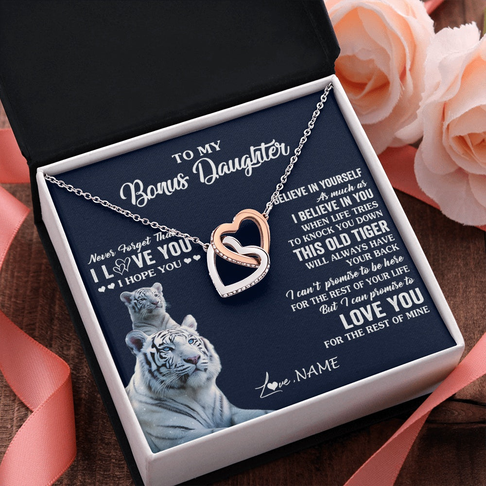 Interlocking Hearts Necklace Stainless Steel & Rose Gold Finish | 2 | Personalized To My Bonus Daughter Necklace Gift From Stepmom Stepdad This Old Tiger Love You Birthday Graduation Christmas Customized Gift Box Message Card | teecentury.myshopify