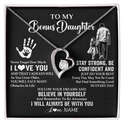 Forever Love Necklace 14K White Gold Finish | 1 | Personalized To My Bonus Daughter Necklace I Love You Forever From Stepdad Stepdaughter Birthday Gifts Christmas Graduation Customized Gift Box Message Card | teecentury