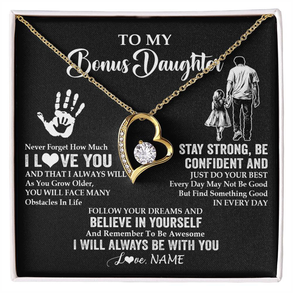 Forever Love Necklace 18K Yellow Gold Finish | 1 | Personalized To My Bonus Daughter Necklace I Love You Forever From Stepdad Stepdaughter Birthday Gifts Christmas Graduation Customized Gift Box Message Card | teecentury