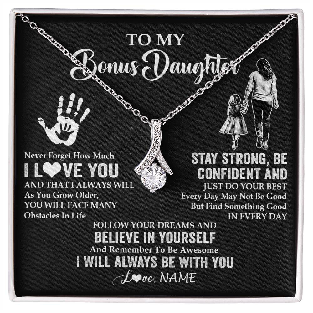 Alluring Beauty Necklace 14K White Gold Finish | 1 | Personalized To My Bonus Daughter Necklace I Love You Forever From Stepmom Stepdaughter Birthday Gifts Christmas Graduation Customized Gift Box Message Card | teecentury