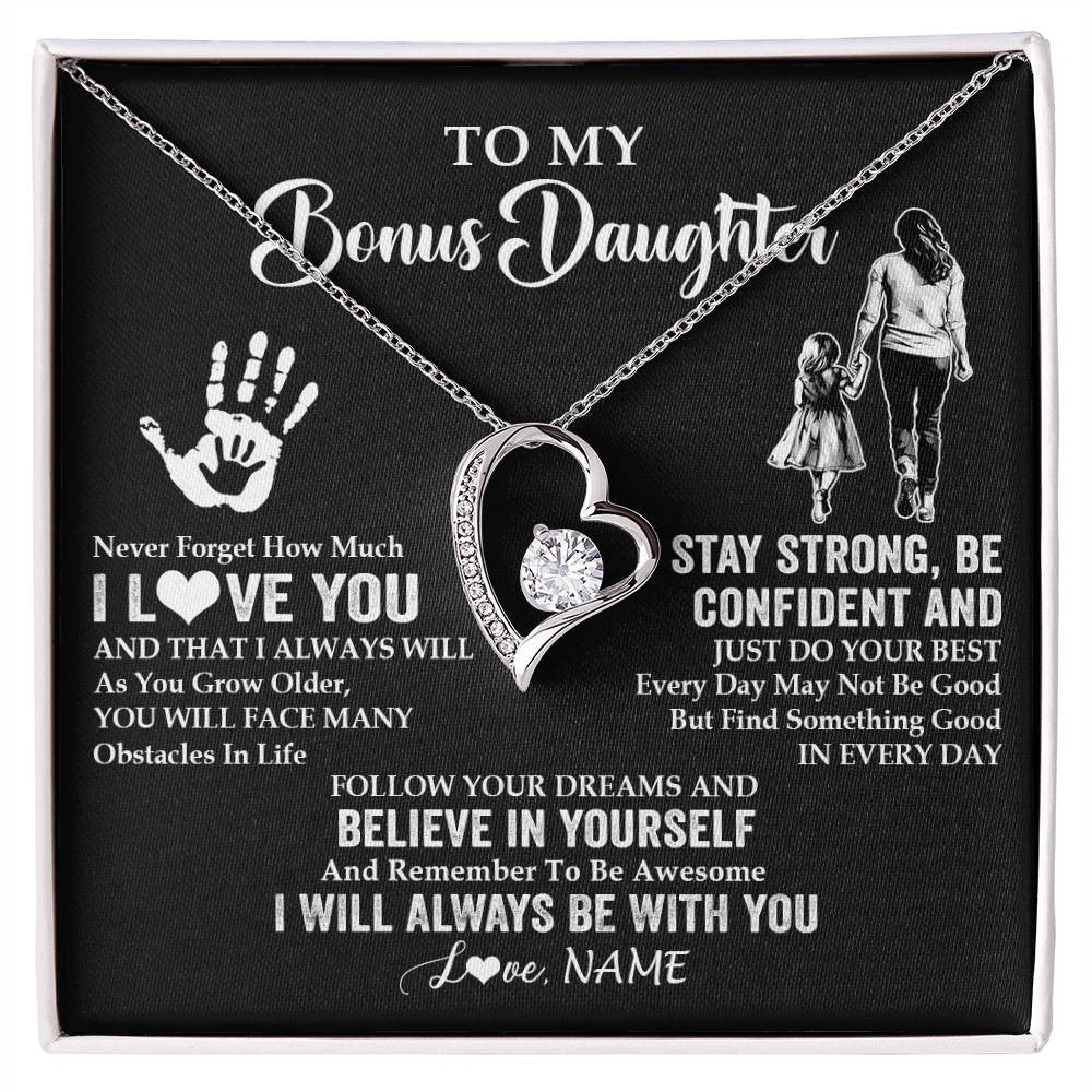 Forever Love Necklace 14K White Gold Finish | 1 | Personalized To My Bonus Daughter Necklace I Love You Forever From Stepmom Stepdaughter Birthday Gifts Christmas Graduation Customized Gift Box Message Card | teecentury