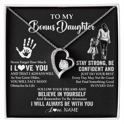 Forever Love Necklace 14K White Gold Finish | 1 | Personalized To My Bonus Daughter Necklace I Love You Forever From Stepmom Stepdaughter Birthday Gifts Christmas Graduation Customized Gift Box Message Card | teecentury
