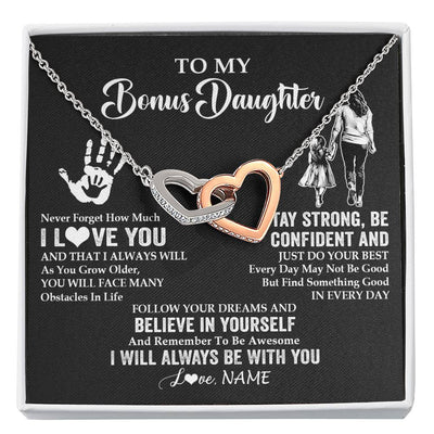 Interlocking Hearts Necklace Stainless Steel & Rose Gold Finish | 1 | Personalized To My Bonus Daughter Necklace I Love You Forever From Stepmom Stepdaughter Birthday Gifts Christmas Graduation Customized Gift Box Message Card | teecentury