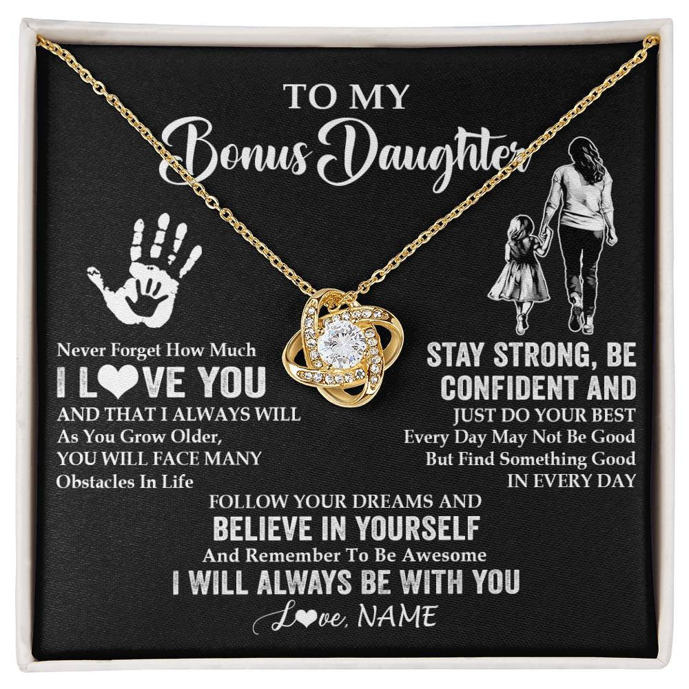 Love Knot Necklace 18K Yellow Gold Finish | 1 | Personalized To My Bonus Daughter Necklace I Love You Forever From Stepmom Stepdaughter Birthday Gifts Christmas Graduation Customized Gift Box Message Card | teecentury