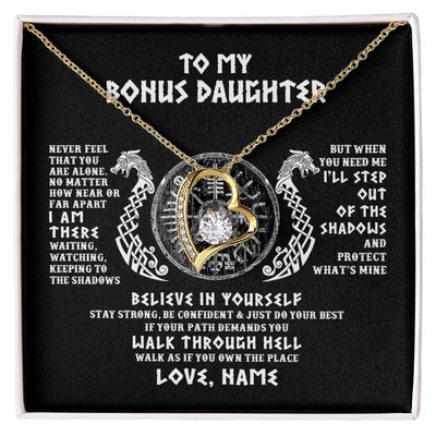 Forever Love Necklace 18K Yellow Gold Finish | 1 | Personalized To My Bonus Daughter Necklace Viking Never Feel You Are Alone Odin Scandinavian Norse Runes Birthday Christmas Customized Gift Box Message Card | teecentury