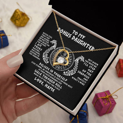 Forever Love Necklace 18K Yellow Gold Finish | 2 | Personalized To My Bonus Daughter Necklace Viking Never Feel You Are Alone Odin Scandinavian Norse Runes Birthday Christmas Customized Gift Box Message Card | teecentury