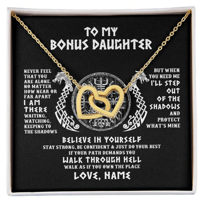 Interlocking Hearts Necklace 18K Yellow Gold Finish | 1 | Personalized To My Bonus Daughter Necklace Viking Never Feel You Are Alone Odin Scandinavian Norse Runes Birthday Christmas Customized Gift Box Message Card | teecentury