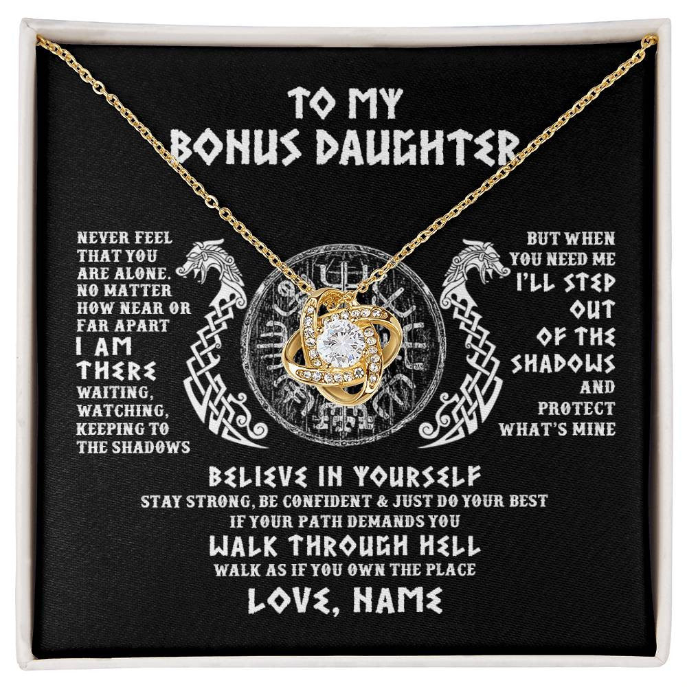 Love Knot Necklace 18K Yellow Gold Finish | 1 | Personalized To My Bonus Daughter Necklace Viking Never Feel You Are Alone Odin Scandinavian Norse Runes Birthday Christmas Customized Gift Box Message Card | teecentury