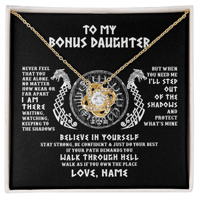 Love Knot Necklace 18K Yellow Gold Finish | 1 | Personalized To My Bonus Daughter Necklace Viking Never Feel You Are Alone Odin Scandinavian Norse Runes Birthday Christmas Customized Gift Box Message Card | teecentury