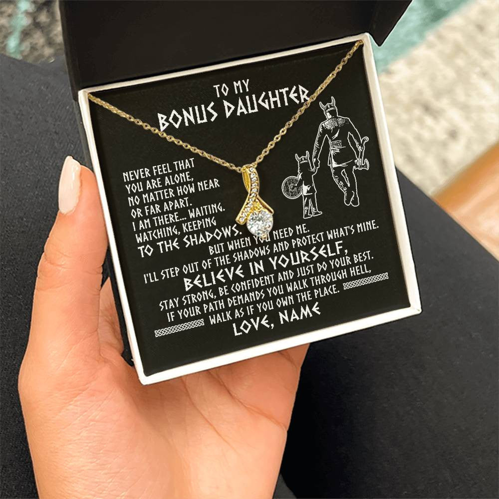 Alluring Beauty Necklace 18K Yellow Gold Finish | 2 | Personalized To My Bonus Daughter Necklace Viking Never Feel You Are Alone Scandinavian Runes Viking Stepdaughter Christmas Customized Gift Box Message Card | teecentury