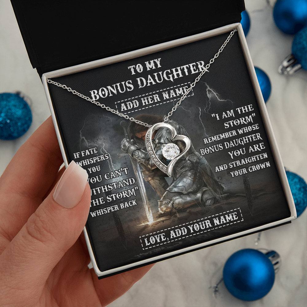 Forever Love Necklace 14K White Gold Finish | 2 | Personalized To My Bonus Daughter Necklace Women Warrior Knights Templar I Am The Storm Best Stepdaughter Birthday Gifts Christmas Gift Box Message Card | teecentury