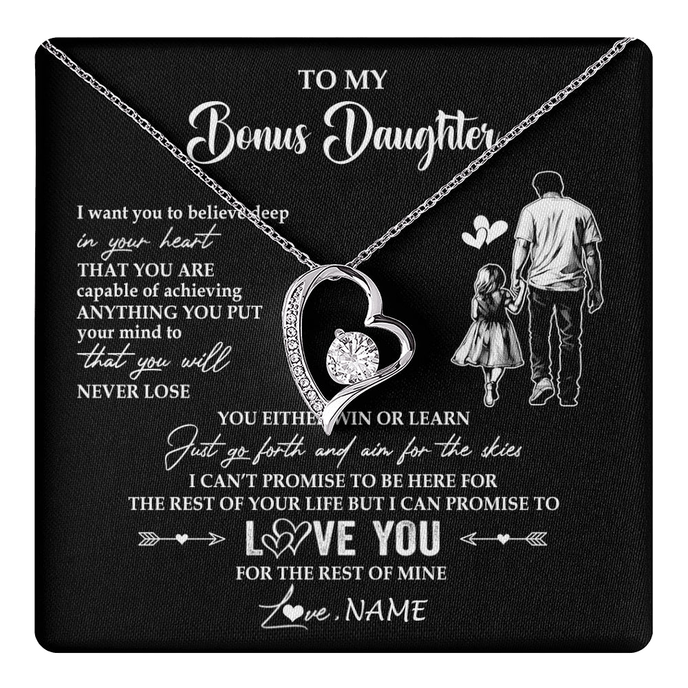 Forever Love Necklace 14K White Gold Finish | 1 | Personalized To My Bonus Daughter Necklace You Will Never Lose From Stepdad Dad Stepdaughter Birthday Gifts Christmas Customized Gift Box Message Card | teecentury