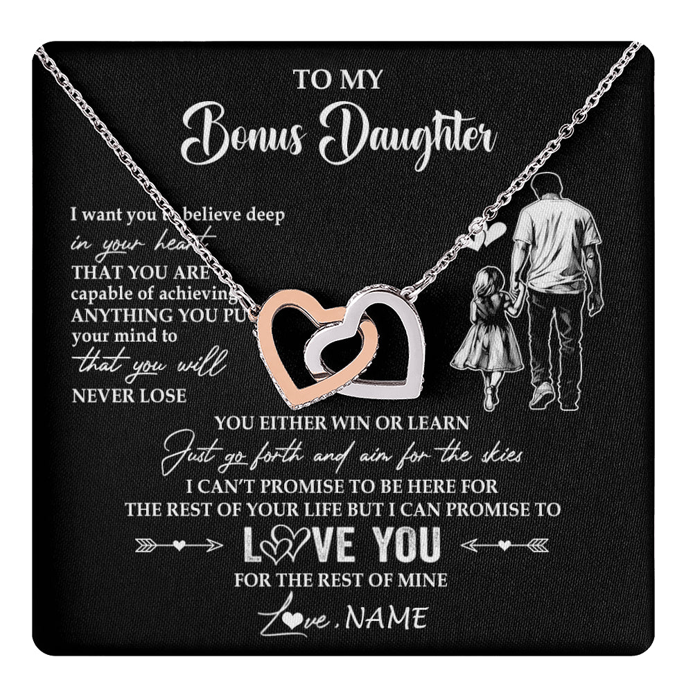 Interlocking Hearts Necklace Stainless Steel & Rose Gold Finish | 1 | Personalized To My Bonus Daughter Necklace You Will Never Lose From Stepdad Dad Stepdaughter Birthday Gifts Christmas Customized Gift Box Message Card | teecentury