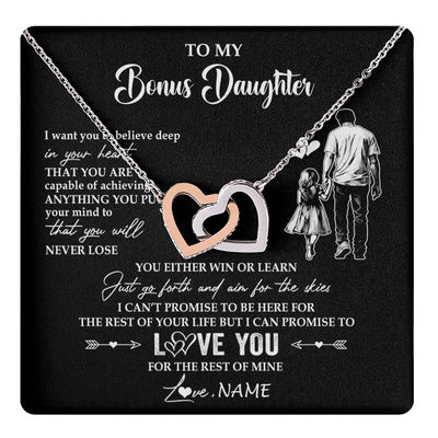 Interlocking Hearts Necklace Stainless Steel & Rose Gold Finish | 1 | Personalized To My Bonus Daughter Necklace You Will Never Lose From Stepdad Dad Stepdaughter Birthday Gifts Christmas Customized Gift Box Message Card | teecentury