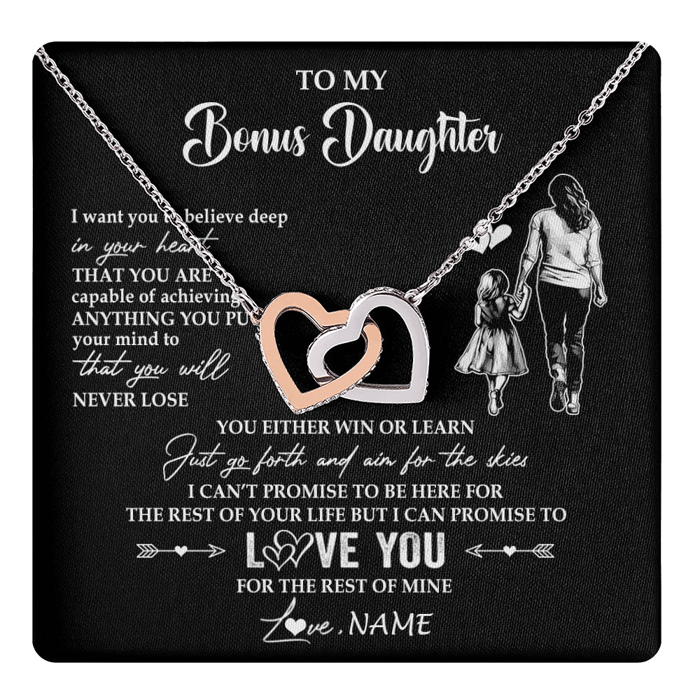 Interlocking Hearts Necklace Stainless Steel & Rose Gold Finish | 1 | Personalized To My Bonus Daughter Necklace You Will Never Lose From Stepmother Stepdaughter Birthday Gifts Graduation Christmas Gift Box Message Card | teecentury