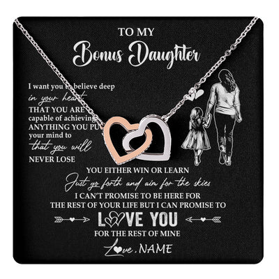 Interlocking Hearts Necklace Stainless Steel & Rose Gold Finish | 1 | Personalized To My Bonus Daughter Necklace You Will Never Lose From Stepmother Stepdaughter Birthday Gifts Graduation Christmas Gift Box Message Card | teecentury