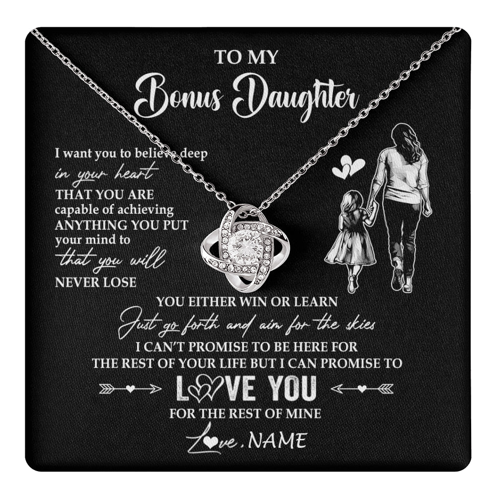 Love Knot Necklace 14K White Gold Finish | 1 | Personalized To My Bonus Daughter Necklace You Will Never Lose From Stepmother Stepdaughter Birthday Gifts Graduation Christmas Gift Box Message Card | teecentury