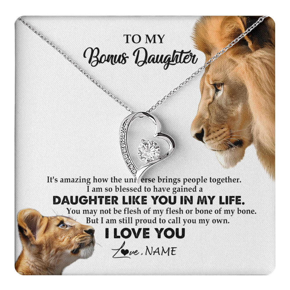 Forever Love Necklace 14K White Gold Finish | 1 | Personalized To My Bonus Daughter Necklace from Stepdad Lion I Love You Stepchild Adopted Daughter Birthday Christmas Customized Gift Box Message Card | teecentury
