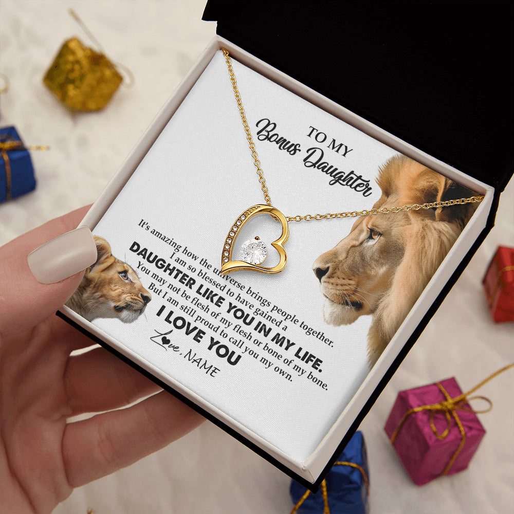 Forever Love Necklace 18K Yellow Gold Finish | 2 | Personalized To My Bonus Daughter Necklace from Stepdad Lion I Love You Stepchild Adopted Daughter Birthday Christmas Customized Gift Box Message Card | teecentury