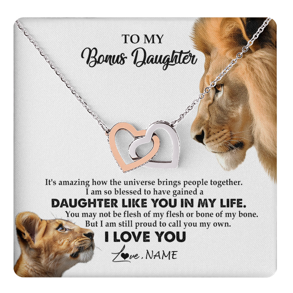Interlocking Hearts Necklace Stainless Steel & Rose Gold Finish | 1 | Personalized To My Bonus Daughter Necklace from Stepdad Lion I Love You Stepchild Adopted Daughter Birthday Christmas Customized Gift Box Message Card | teecentury