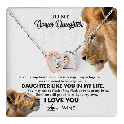 Interlocking Hearts Necklace Stainless Steel & Rose Gold Finish | 1 | Personalized To My Bonus Daughter Necklace from Stepdad Lion I Love You Stepchild Adopted Daughter Birthday Christmas Customized Gift Box Message Card | teecentury