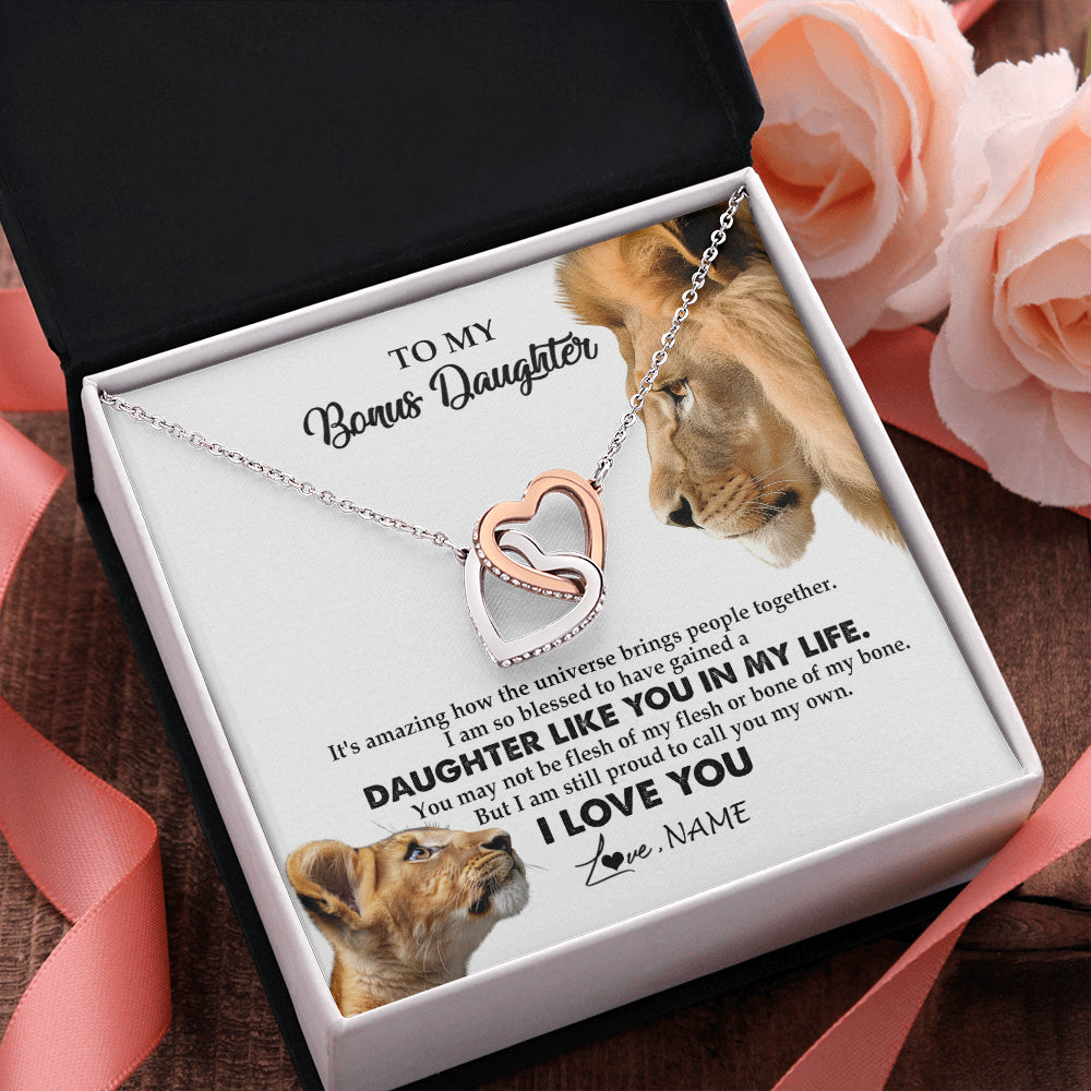 Interlocking Hearts Necklace Stainless Steel & Rose Gold Finish | 2 | Personalized To My Bonus Daughter Necklace from Stepdad Lion I Love You Stepchild Adopted Daughter Birthday Christmas Customized Gift Box Message Card | teecentury