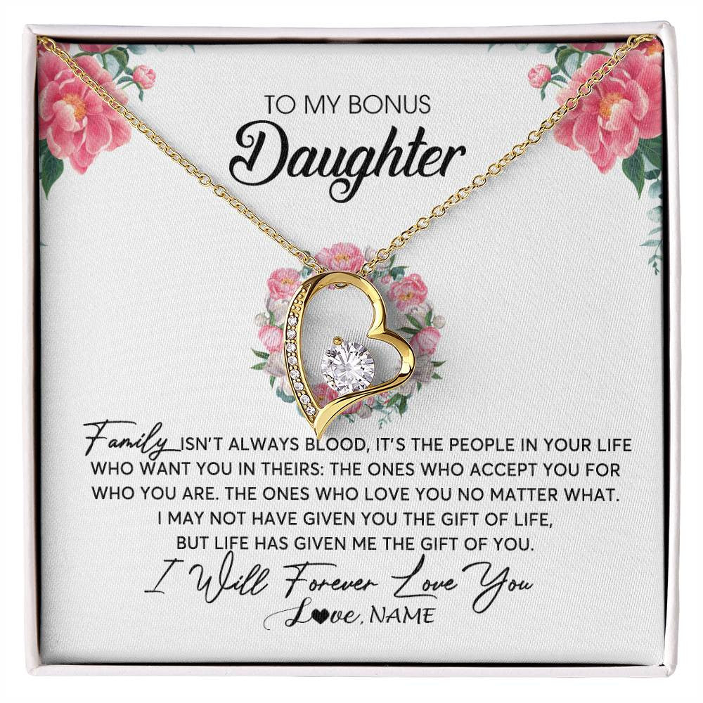 Forever Love Necklace 18K Yellow Gold Finish | Personalized To My Bonus Daughter Necklace from Stepmom Family Isn't Always Blood Step Daughter Jewelry Birthday Christmas Customized Gift Box Message Card | teecentury