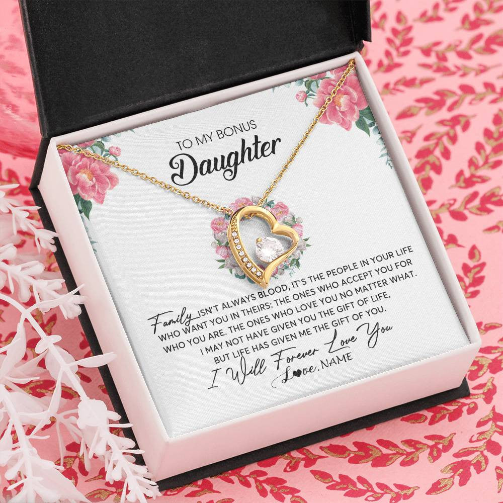 Forever Love Necklace 18K Yellow Gold Finish | Personalized To My Bonus Daughter Necklace from Stepmom Family Isn't Always Blood Step Daughter Jewelry Birthday Christmas Customized Gift Box Message Card | teecentury