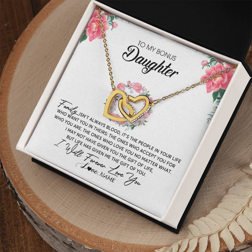 Interlocking Hearts Necklace 18K Yellow Gold Finish | Personalized To My Bonus Daughter Necklace from Stepmom Family Isn't Always Blood Step Daughter Jewelry Birthday Christmas Customized Gift Box Message Card | teecentury