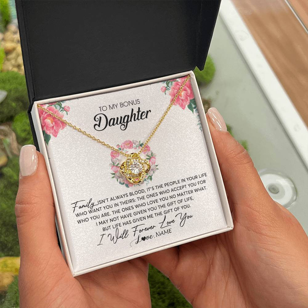 Love Knot Necklace 18K Yellow Gold Finish | Personalized To My Bonus Daughter Necklace from Stepmom Family Isn't Always Blood Step Daughter Jewelry Birthday Christmas Customized Gift Box Message Card | teecentury