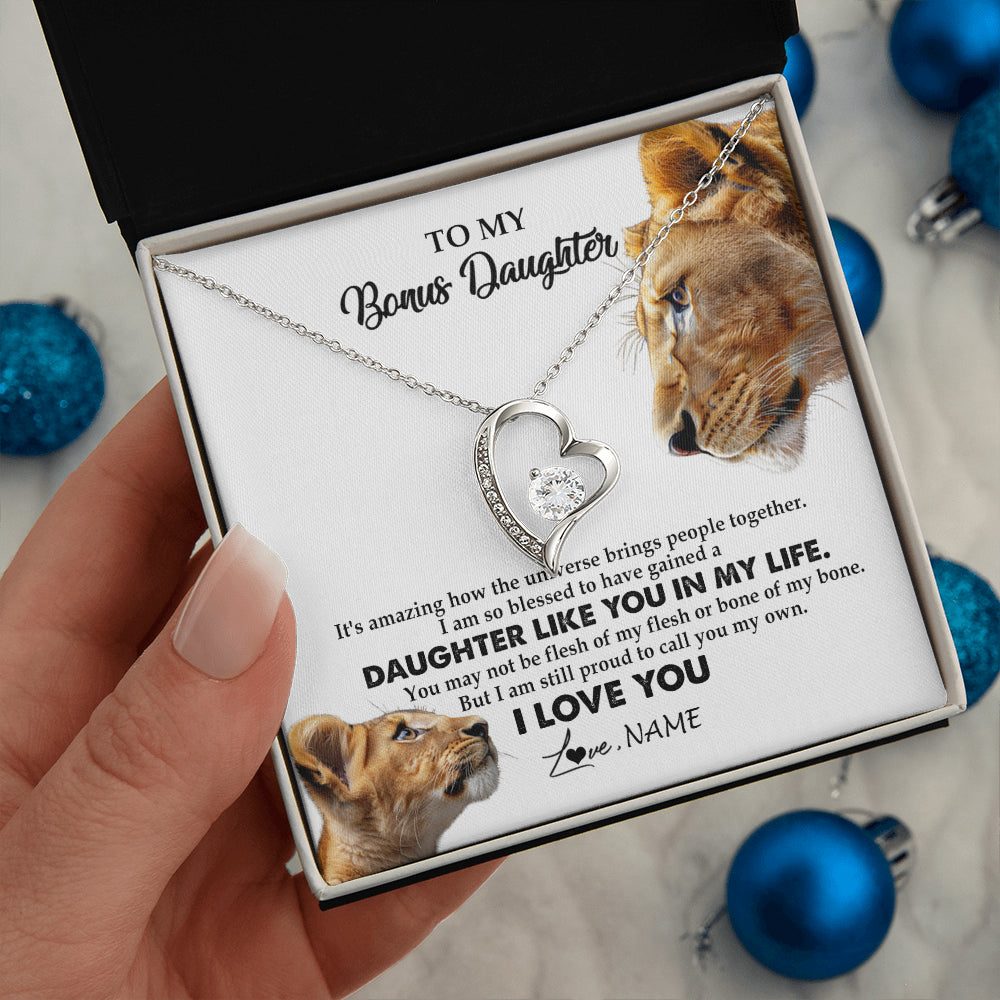 Forever Love Necklace 14K White Gold Finish | 2 | Personalized To My Bonus Daughter Necklace from Stepmom Lion I Love You Stepchild Adopted Daughter Birthday Christmas Customized Gift Box Message Card | teecentury