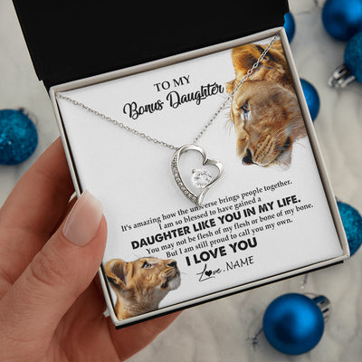 Forever Love Necklace 14K White Gold Finish | 2 | Personalized To My Bonus Daughter Necklace from Stepmom Lion I Love You Stepchild Adopted Daughter Birthday Christmas Customized Gift Box Message Card | teecentury