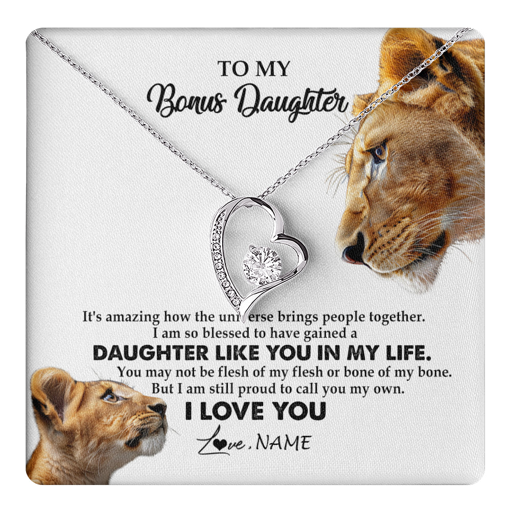Forever Love Necklace 14K White Gold Finish | 1 | Personalized To My Bonus Daughter Necklace from Stepmom Lion I Love You Stepchild Adopted Daughter Birthday Christmas Customized Gift Box Message Card | teecentury
