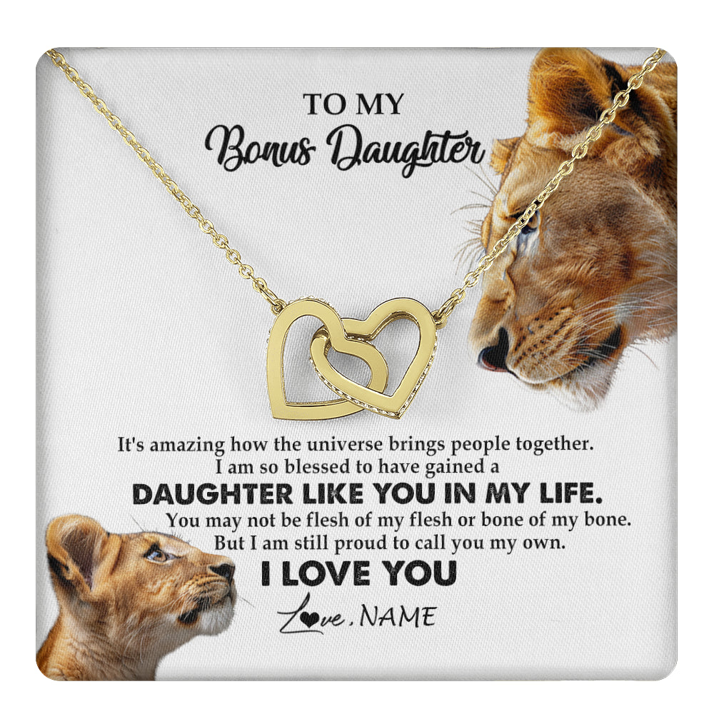 Interlocking Hearts Necklace 18K Yellow Gold Finish | 1 | Personalized To My Bonus Daughter Necklace from Stepmom Lion I Love You Stepchild Adopted Daughter Birthday Christmas Customized Gift Box Message Card | teecentury