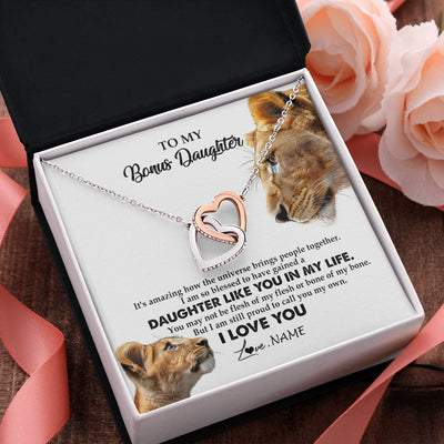 Interlocking Hearts Necklace Stainless Steel & Rose Gold Finish | 2 | Personalized To My Bonus Daughter Necklace from Stepmom Lion I Love You Stepchild Adopted Daughter Birthday Christmas Customized Gift Box Message Card | teecentury