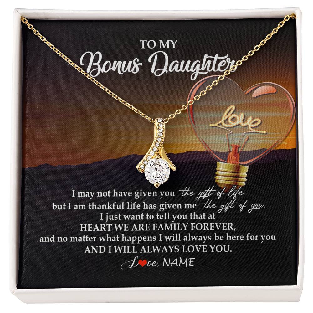 Alluring Beauty Necklace 18K Yellow Gold Finish | Personalized To My Bonus Daughter Necklace from Stepmom Stepdad I Will Always Love You Stepdaughter Jewelry Birthday Wedding Christmas Customized Message Card | teecentury