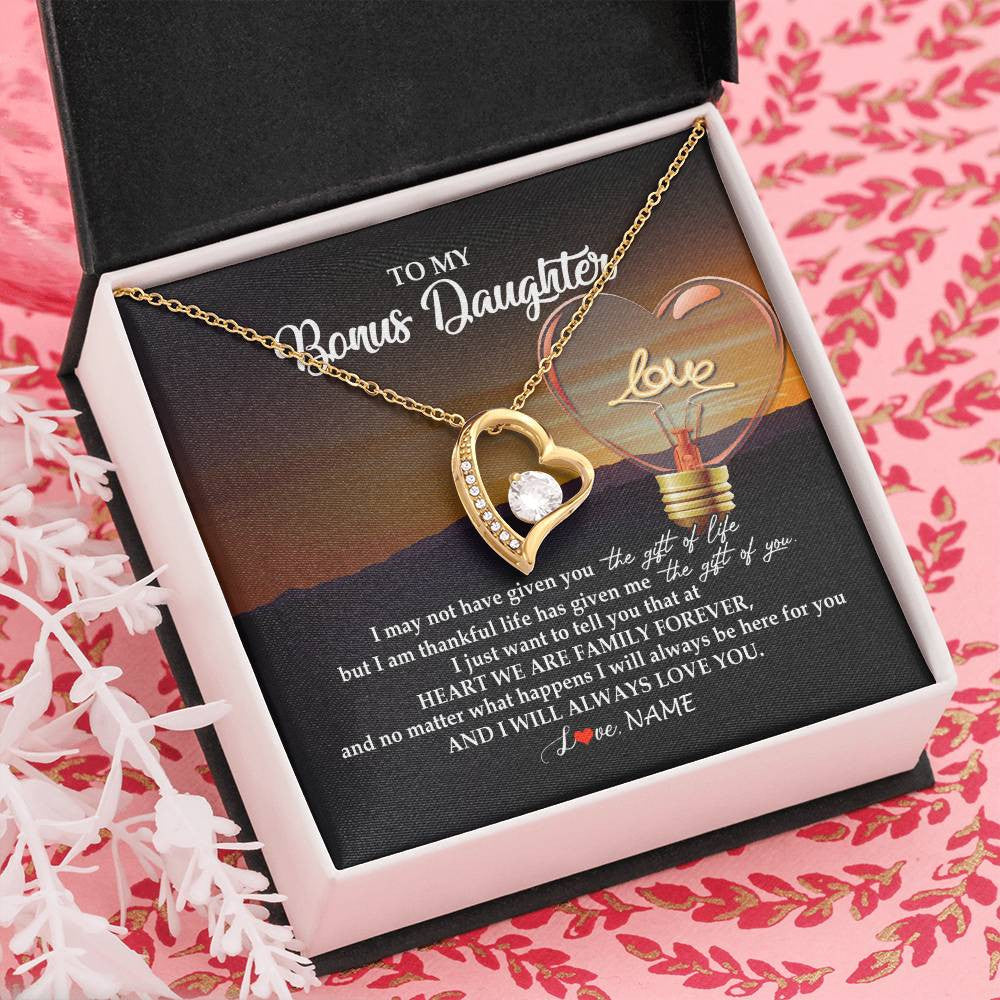 Forever Love Necklace 18K Yellow Gold Finish | Personalized To My Bonus Daughter Necklace from Stepmom Stepdad I Will Always Love You Stepdaughter Jewelry Birthday Wedding Christmas Customized Message Card | teecentury