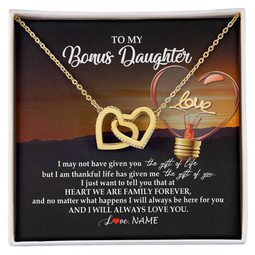 Interlocking Hearts Necklace 18K Yellow Gold Finish | Personalized To My Bonus Daughter Necklace from Stepmom Stepdad I Will Always Love You Stepdaughter Jewelry Birthday Wedding Christmas Customized Message Card | teecentury