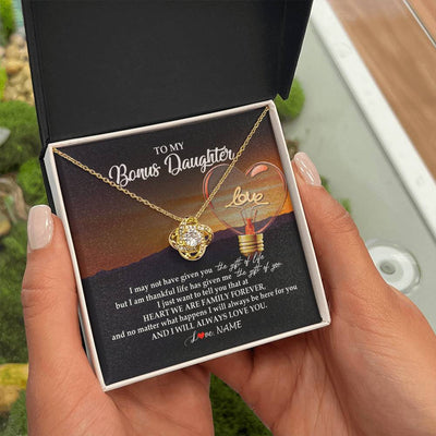 Love Knot Necklace 18K Yellow Gold Finish | Personalized To My Bonus Daughter Necklace from Stepmom Stepdad I Will Always Love You Stepdaughter Jewelry Birthday Wedding Christmas Customized Message Card | teecentury