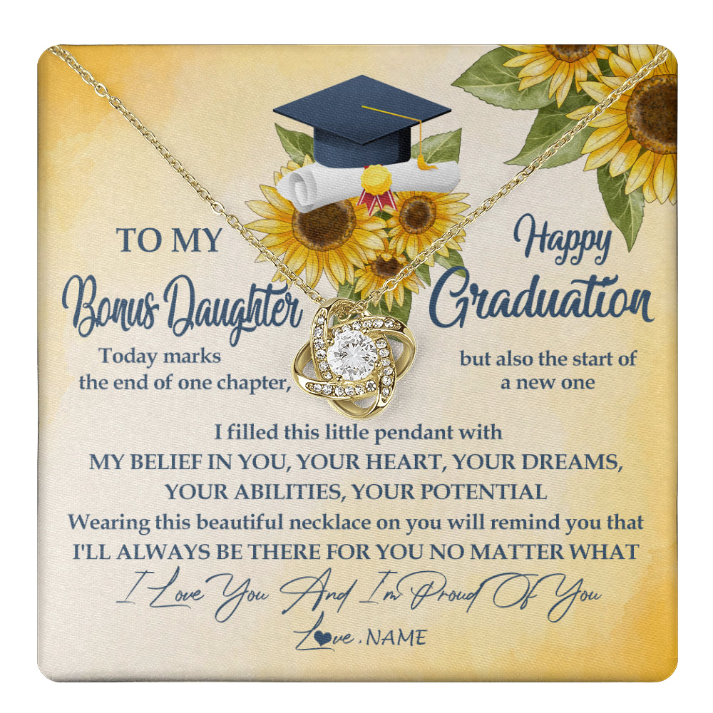 Love Knot Necklace 18K Yellow Gold Finish | 1 | Personalized To My Bonus Daughter On Her Graduation Day Necklace Flower I Love You I'm Proud Of You Class of 2024 Daughter Jewelry Customized Gift Box Message Card | teecentury