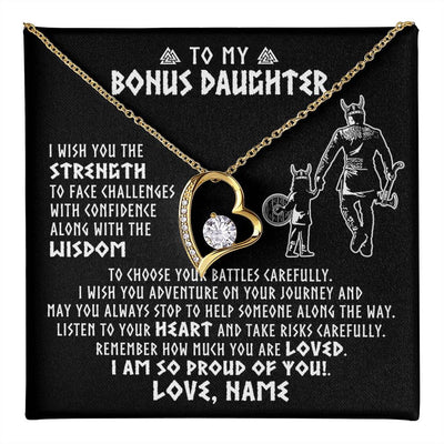 Forever Love Necklace 18K Yellow Gold Finish | 1 | Personalized To My Bonus Daughter Viking Necklace From Stepdad I Am So Proud Of You Runes Viking Stepdaughter Christmas Customized Gift Box Message Card | teecentury
