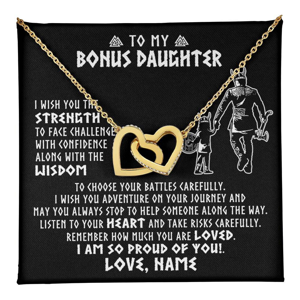 Interlocking Hearts Necklace 18K Yellow Gold Finish | 1 | Personalized To My Bonus Daughter Viking Necklace From Stepdad I Am So Proud Of You Runes Viking Stepdaughter Christmas Customized Gift Box Message Card | teecentury