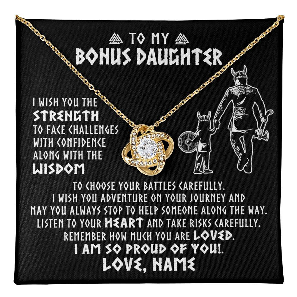 Love Knot Necklace 18K Yellow Gold Finish | 1 | Personalized To My Bonus Daughter Viking Necklace From Stepdad I Am So Proud Of You Runes Viking Stepdaughter Christmas Customized Gift Box Message Card | teecentury
